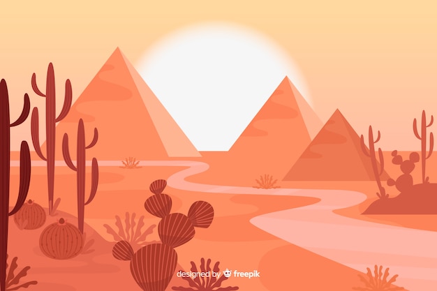Desert landscape with pyramids background