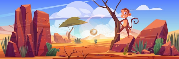 Бесплатное векторное изображение Пустынный пейзаж со скалами кактусов и обезьяной