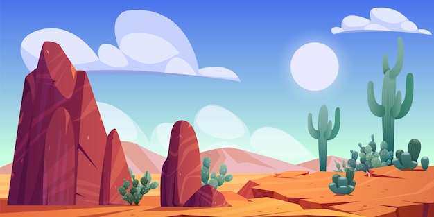 Desert landscape with rocks cactuses and mountains on skyline 