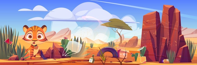 Desert landscape with scared tiger and trash