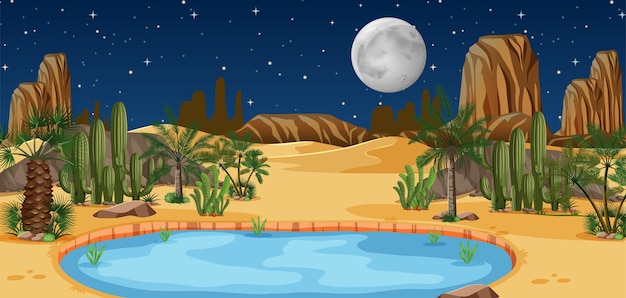 Оазис в пустыне с пальмами и природным ландшафтом катус в ночное время
