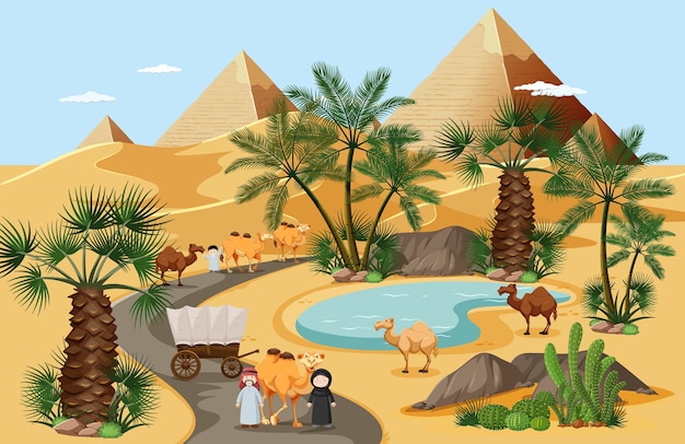 Бесплатное векторное изображение Оазис в пустыне с пальмами