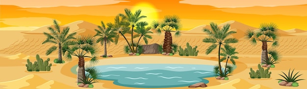 Vettore gratuito oasi nel deserto con scena di paesaggio naturale di palme