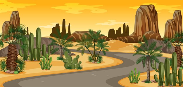 Desert oasis with palms and road nature landscape scene