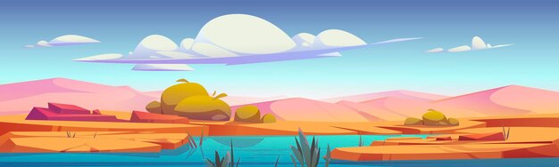 Desert oasis with river, sand dunes and plants cartoon landscape. Vector parallax background for game with sandy hills, stones and water pond under cloudy sky. Deserted sahara nature panoramic scene