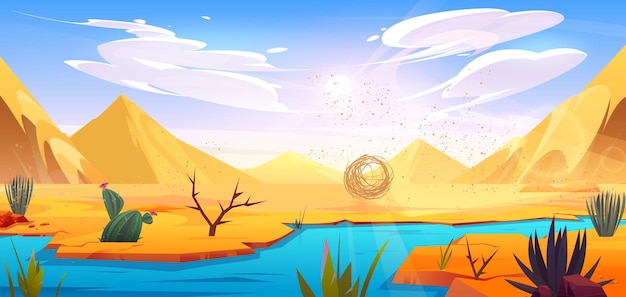 Desert river landscape with tumbleweed ball vector cartoon background oasis with lake water in dry african sahara illustration with flying tumble weed roll with dust particles near green cactus