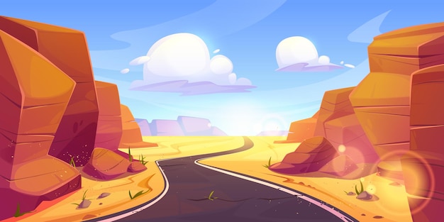 Free vector desert road among canyon cartoon vector illustration empty highway surrounded by sand and rock mountains with clouds in sky sunny landscape of western scene with valley with route for trip