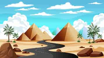 Free vector desert road leading to ancient pyramids