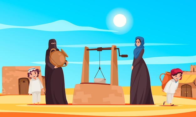 Free vector desert scene cartoon poster with women in traditional clothes near the well vector illustration