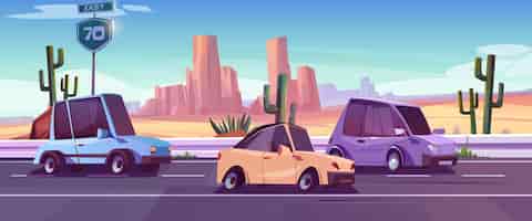無料ベクター 砂漠の西の道路と車の交通漫画の風景の背景野生の風景と夏のアリゾナ旅行ルートボルダーとテキサスの道路標識近くの干ばつの砂の西の谷のサボテンの旅