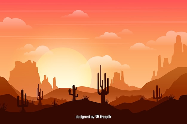 Desert with bright sun and tall cactuses