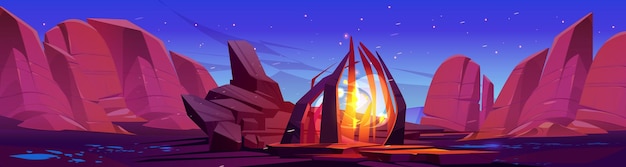 Deserto con portale di pietra magica di notte illustrazione del fumetto vettoriale del paesaggio roccioso con luce gialla al neon che brilla in fantastiche stelle del cancello scintillanti sul cielo scuro sfondo del gioco di avventura