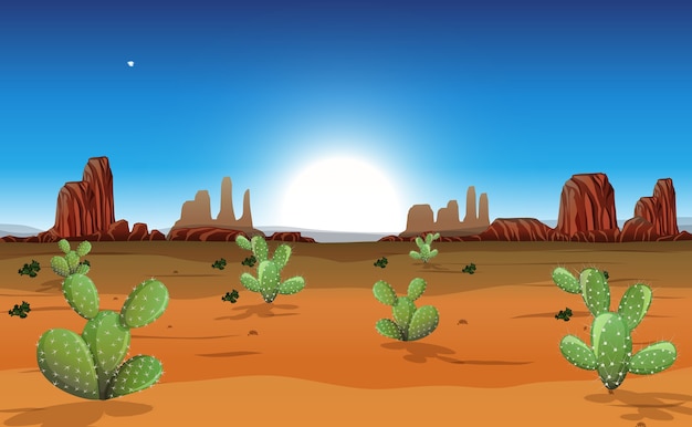 Бесплатное векторное изображение Пустыня с каменными горами и пейзажем кактусов в дневное время