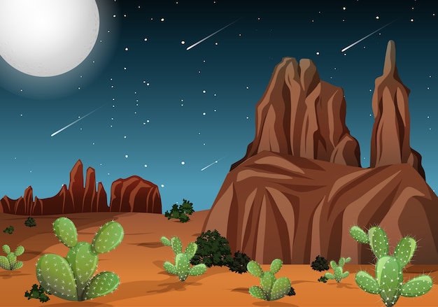 Desert with rock mountains and cactus landscape at night scene