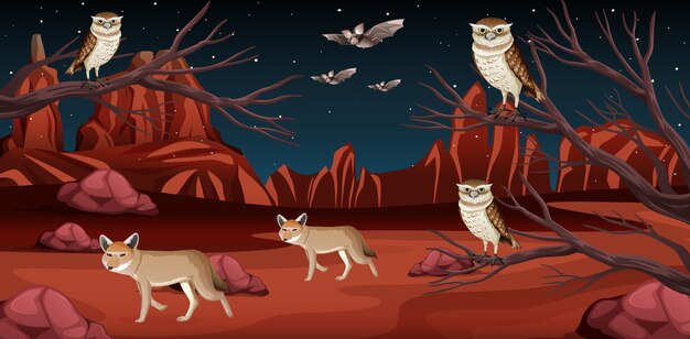 Desert with rock mountains and desert animals landscape at night scene