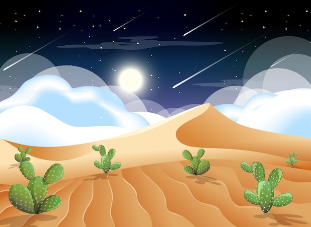 Desert with sand mountains and cactus landscape at night\
scene