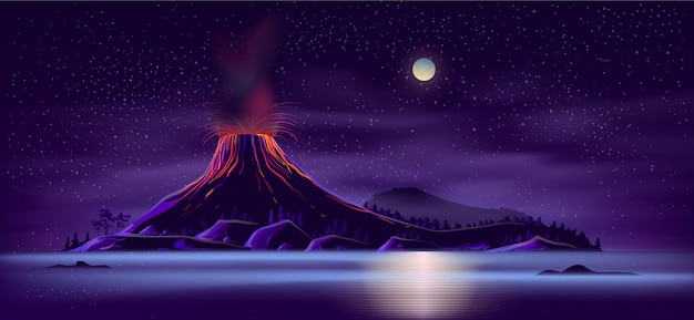 Deserted island with active volcano cartoon