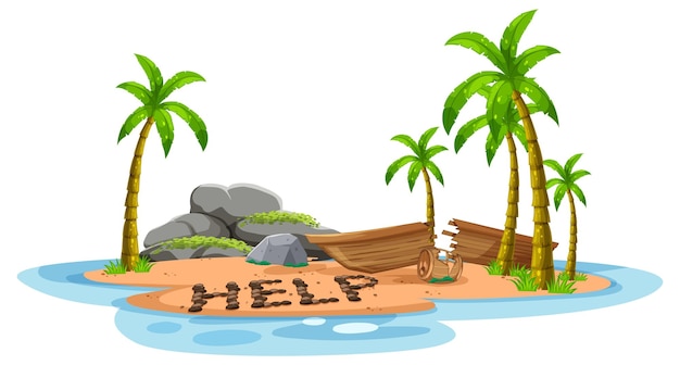 Free vector deserted island with broken boat lying on the beach with help si