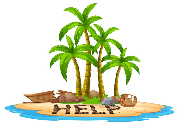 Free vector deserted island with broken boat lying on the beach with help si