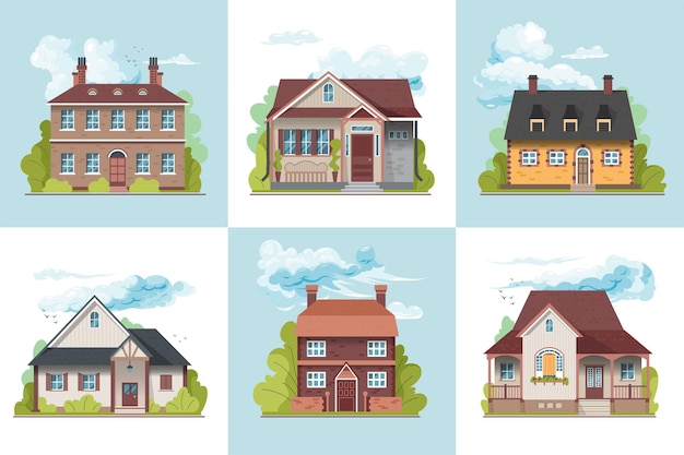 Free vector design concept of various suburban village houses flat illustration