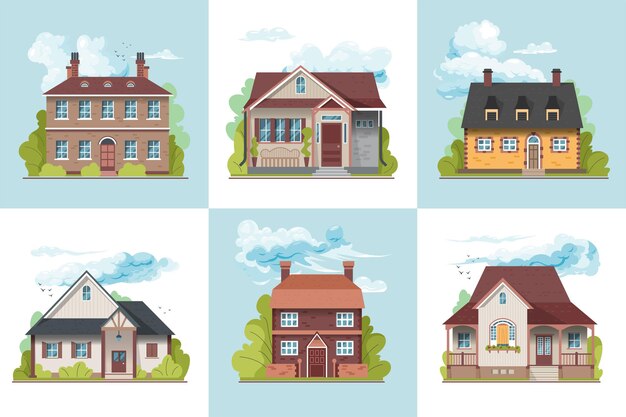 Design concept of various suburban village houses flat illustration