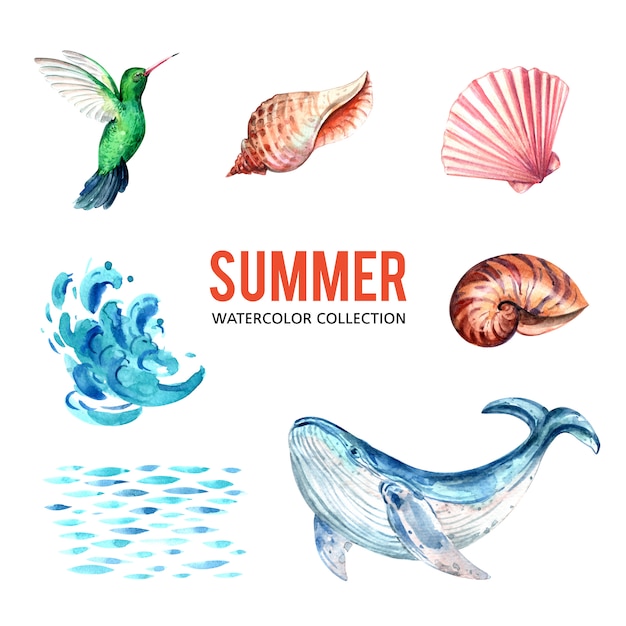 Free vector design element with watercolor, creative sealife theme vector illustration.