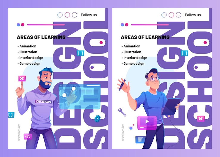 Free Vector design school posters with cartoon man designer with graphic tablet