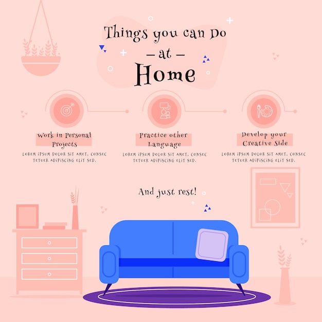 Free vector design for stay at home infographic with things to do