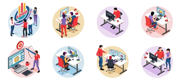 Design studio compositions set with male and female designers working on computers in office isometric isolated vector illustration