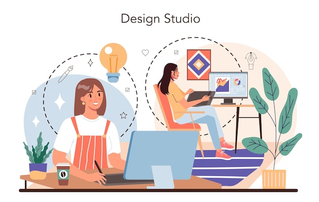 デザインスタジオのコンセプト広告デザイナーまたはグラフィックイラストレーターアーティストが現代の広告を作成する製品デザインコンセプトのデジタル描画フラットイラストベクトル