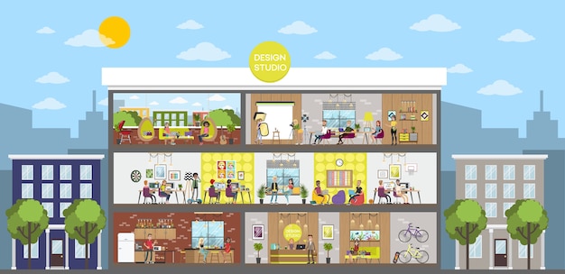 Design studio office building interior. creative people working together in a workspace, sharing ideas, drinking coffee etc. isolated flat vector illustration