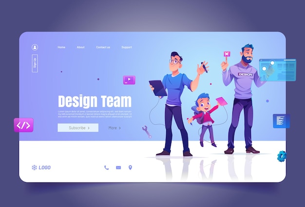 Design team cartoon landing page with designers