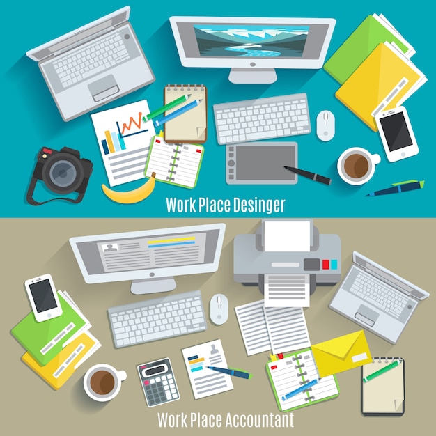 Free vector designer and accountant work place horizontal banner set