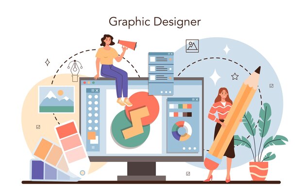デザイナーのコンセプト広告デザイナーまたはグラフィックイラストレーター現代の広告を作成するアーティスト製品デザインコンセプトのデジタル描画フラットイラストベクトル