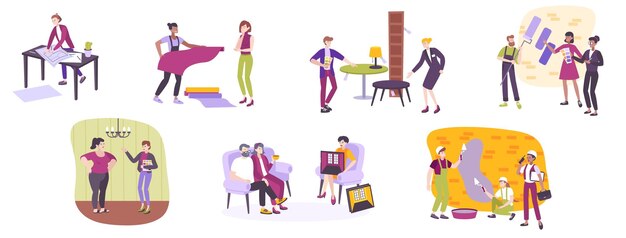 Designer interior set of flat images with human characters of clients and decorators of living spaces vector illustration