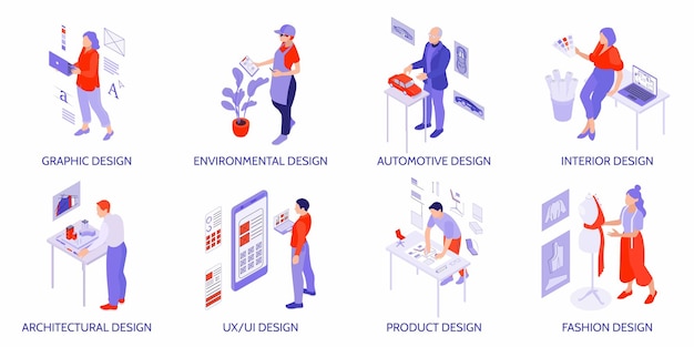 Free vector designer isometric compositions set with people working in sphere of graphic automotive product fashion interior design isolated vector illustration