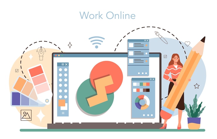 Free Vector designer online service or platform advert designer or graphic illustrator artist creating modern advertisment online work flat illustration vector