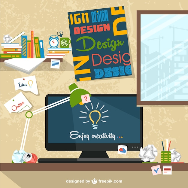 Free vector designer's workspace flat illustration