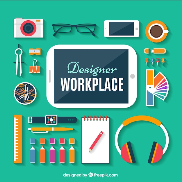 Vettore gratuito designer posto di lavoro in design piatto