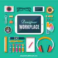 Vettore gratuito designer posto di lavoro in design piatto