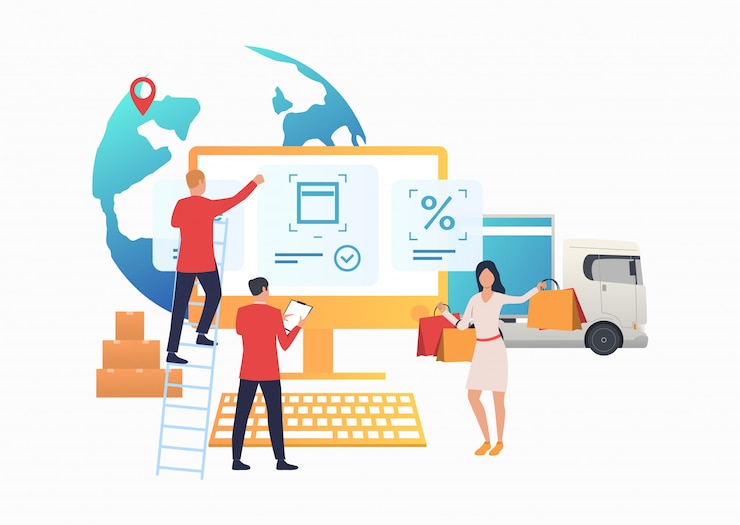 Free Vector designers working on internet store website
