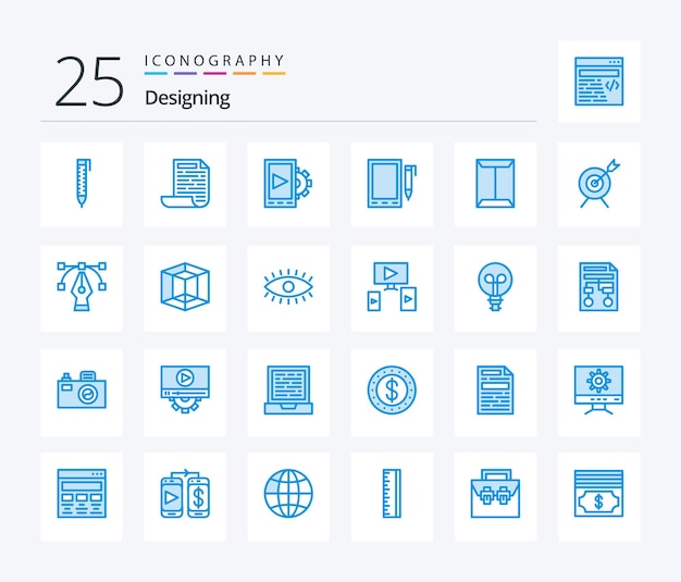 Free vector designing 25 blue color icon pack including box open setting rack design