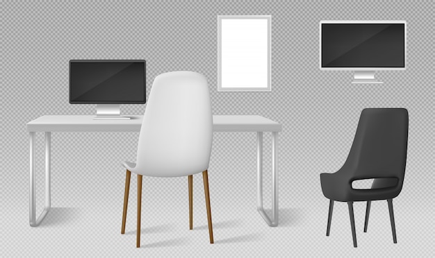 Desk, monitor, chairs and blank picture frame isolated. Vector realistic set of modern furniture, table, chair and computer screen for workplace in office or home