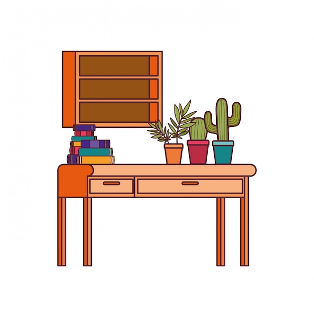 Free vector desk and shelving with stack of books