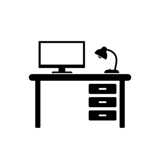 デスクトップまたは職場のベクトルアイコン。白い背景で隔離のコンピューターとランプのシンボルとテーブル。ベクトルeps10 Premiumベクター