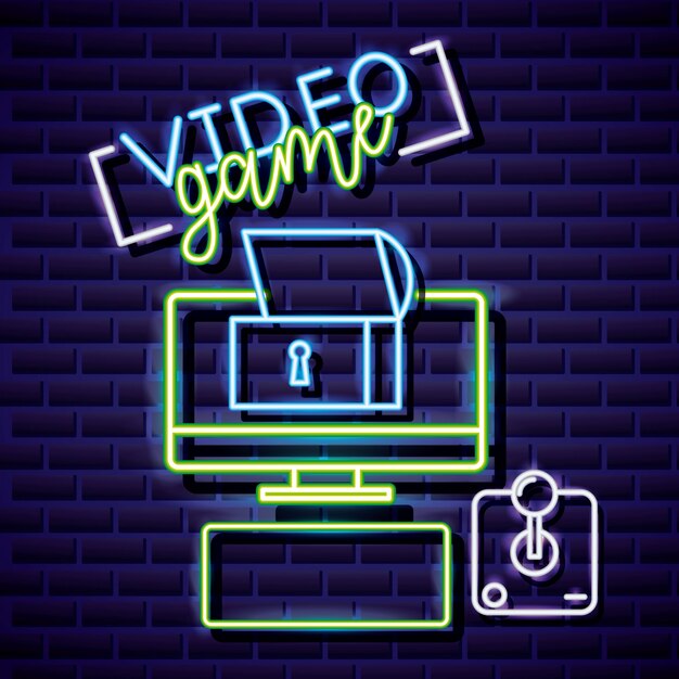 Desktop, vault and joystick, video game neon linear style