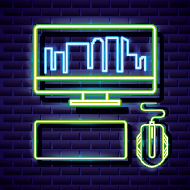 Desktop with skyline, keyboard and mouse, video game neon linear style