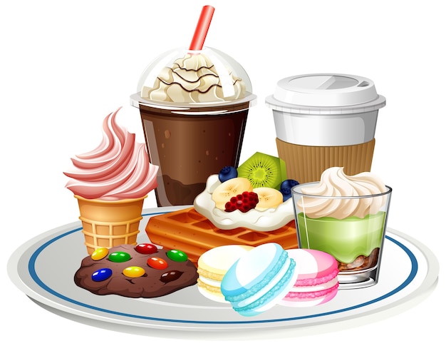 Dessert and beverage set on white background