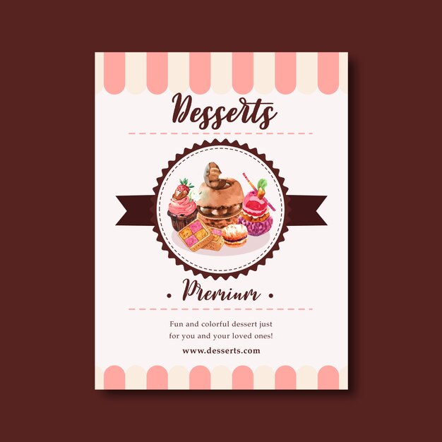 Dessert flyer design with chocolate cake, cookie, cupcake, custard cream watercolor illustration. 