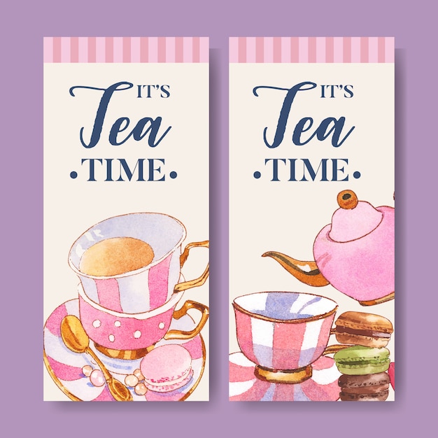 Free vector dessert flyer design with macarons, teapot, cup, teaspoon watercolor illustration.